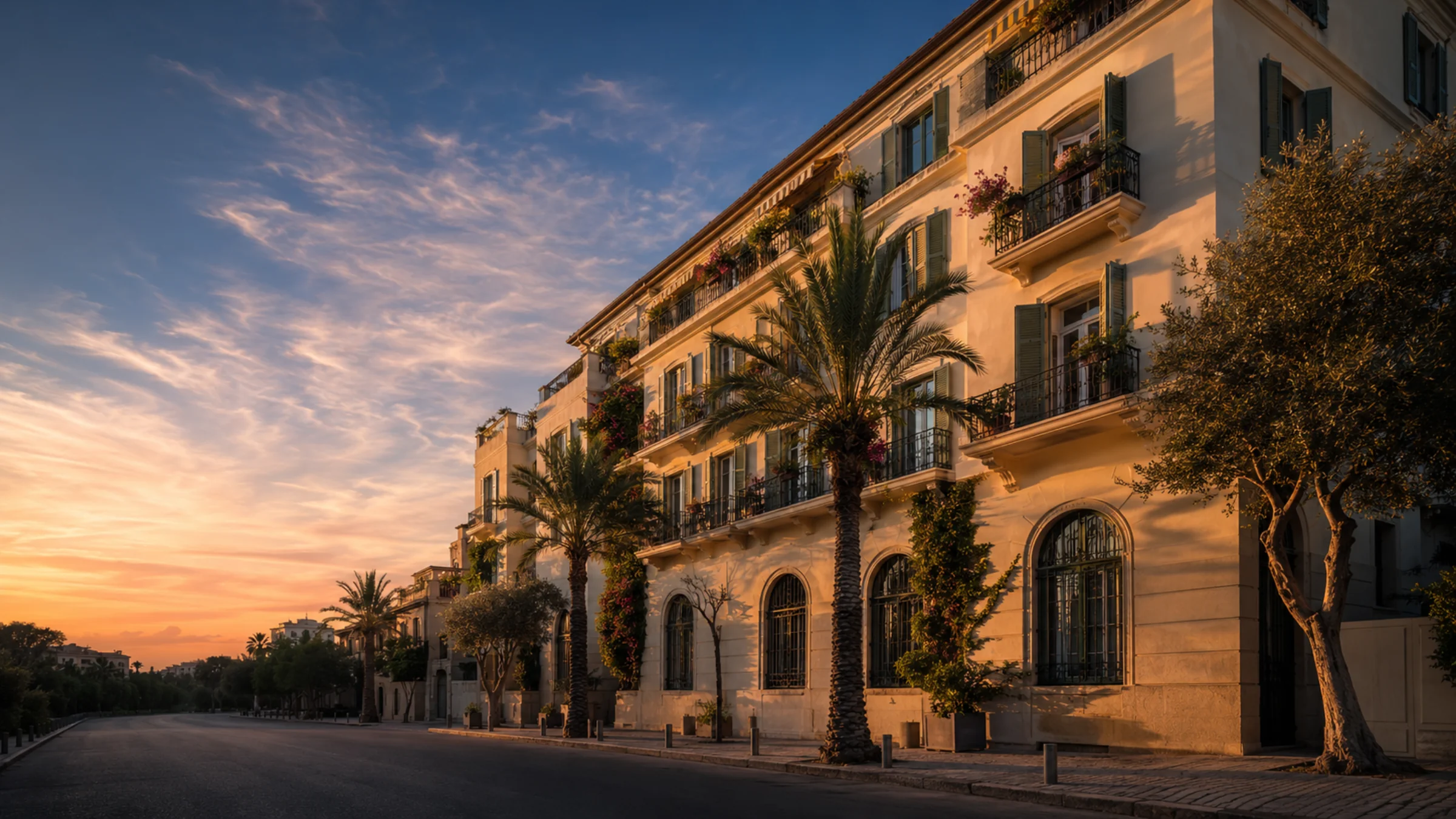 A Mediterranean condominium building at golden hour, palms lining the quiet street