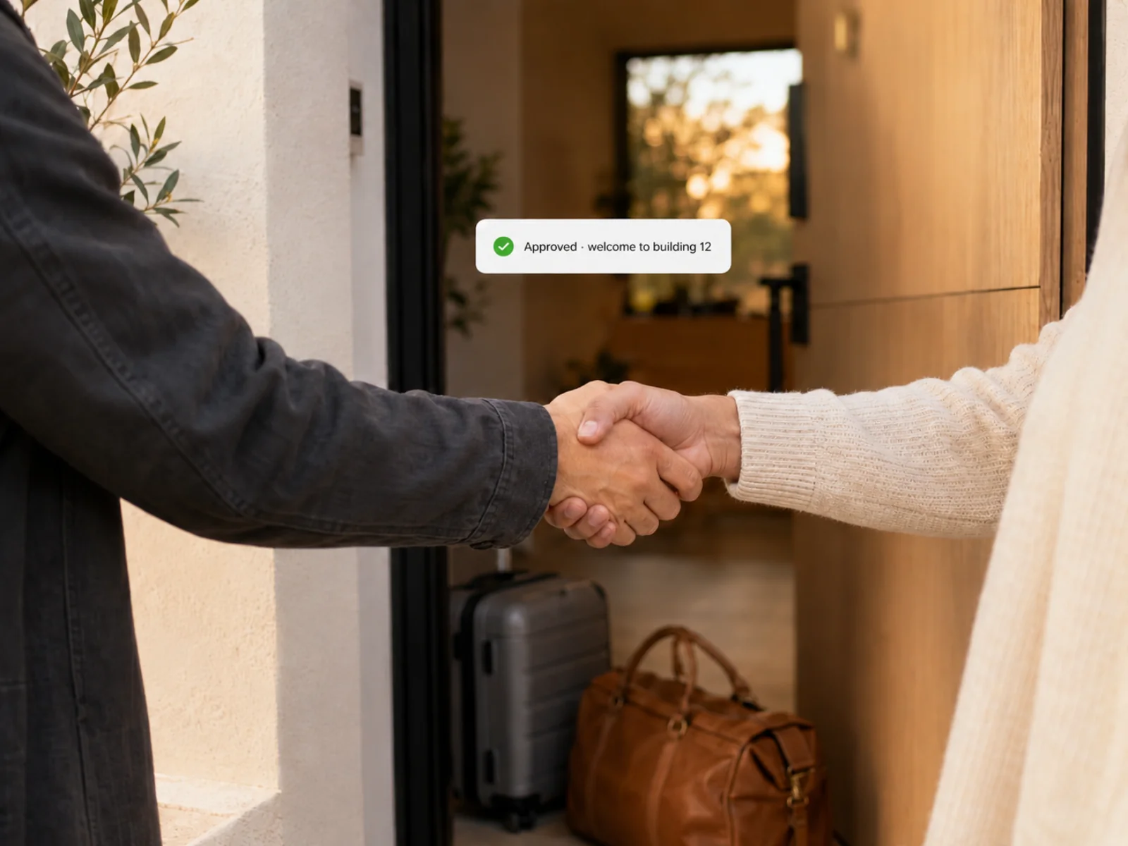 A handshake at an apartment doorway with luggage — welcome chip