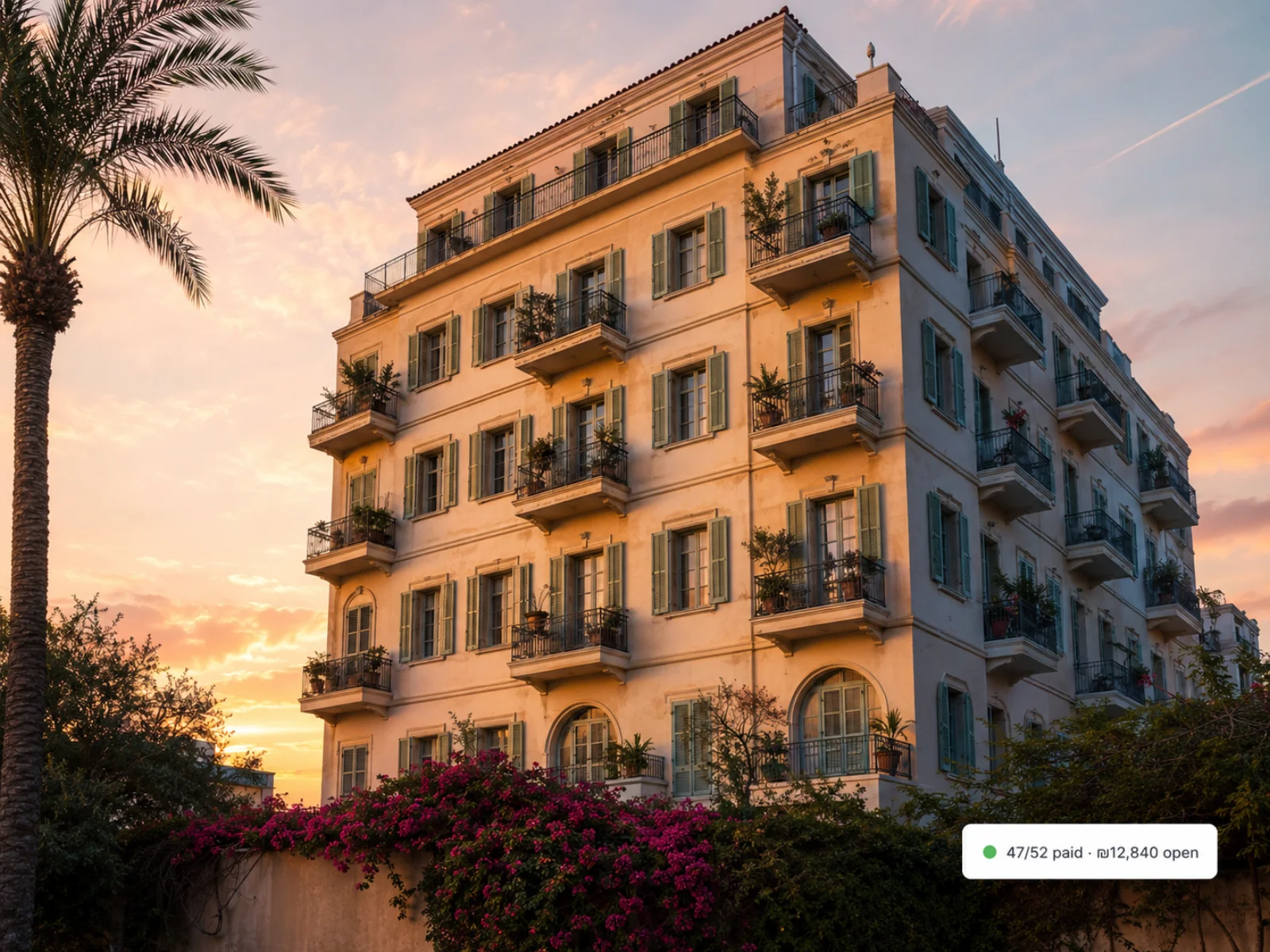 A Mediterranean condominium at golden hour with a 47/52 paid · ₪12,840 open chip