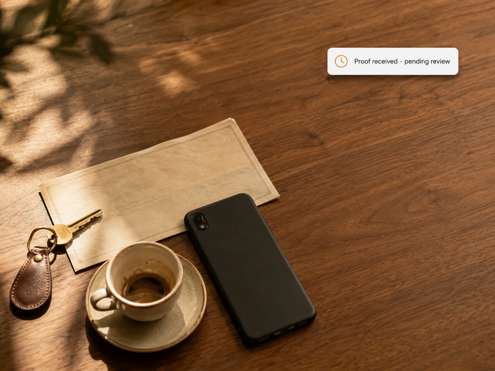 Overhead still-life of a folded check, key, espresso and phone with a proof-received chip