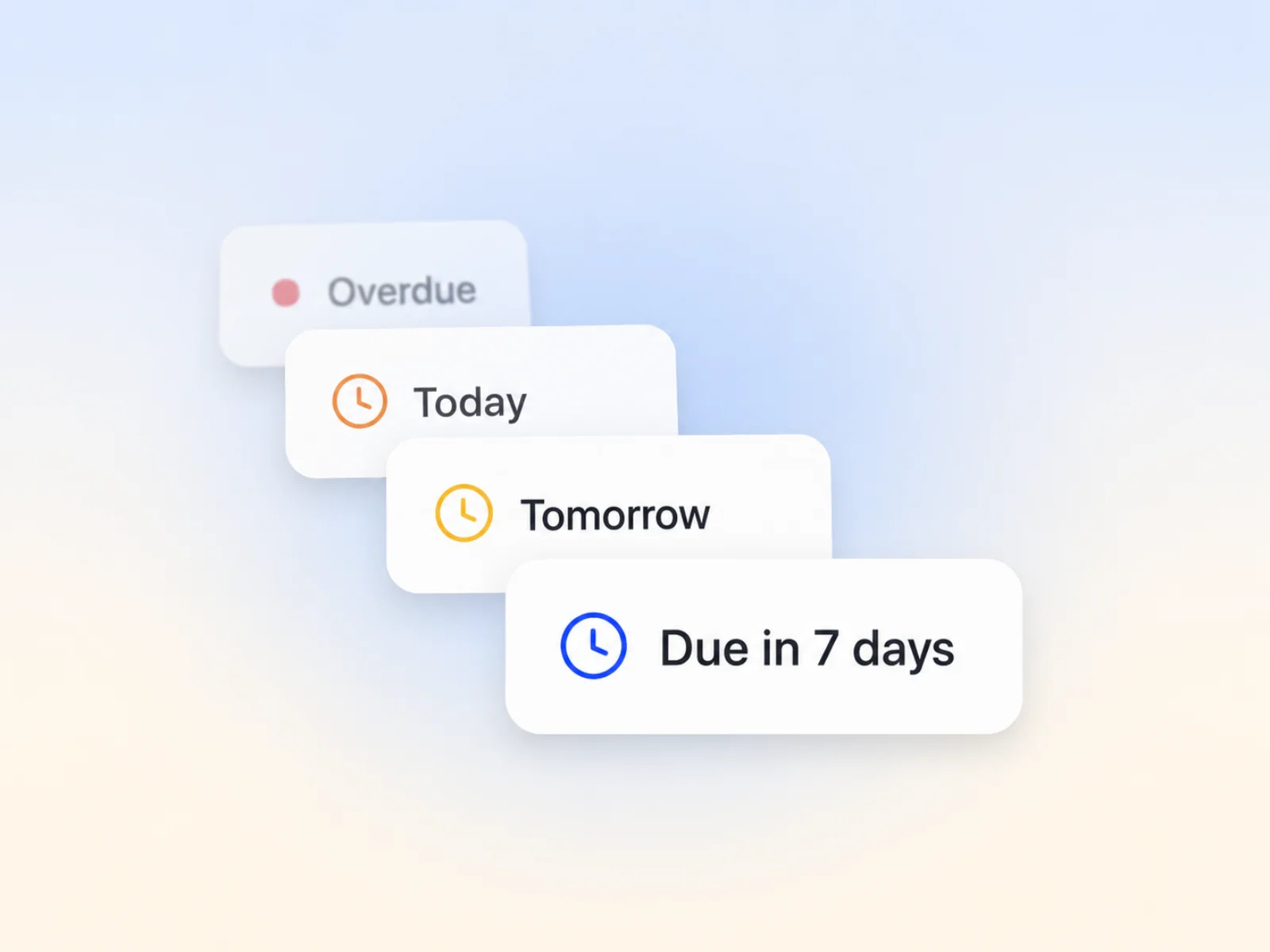 Four reminder notification chips fanning diagonally — seven days, tomorrow, today, overdue