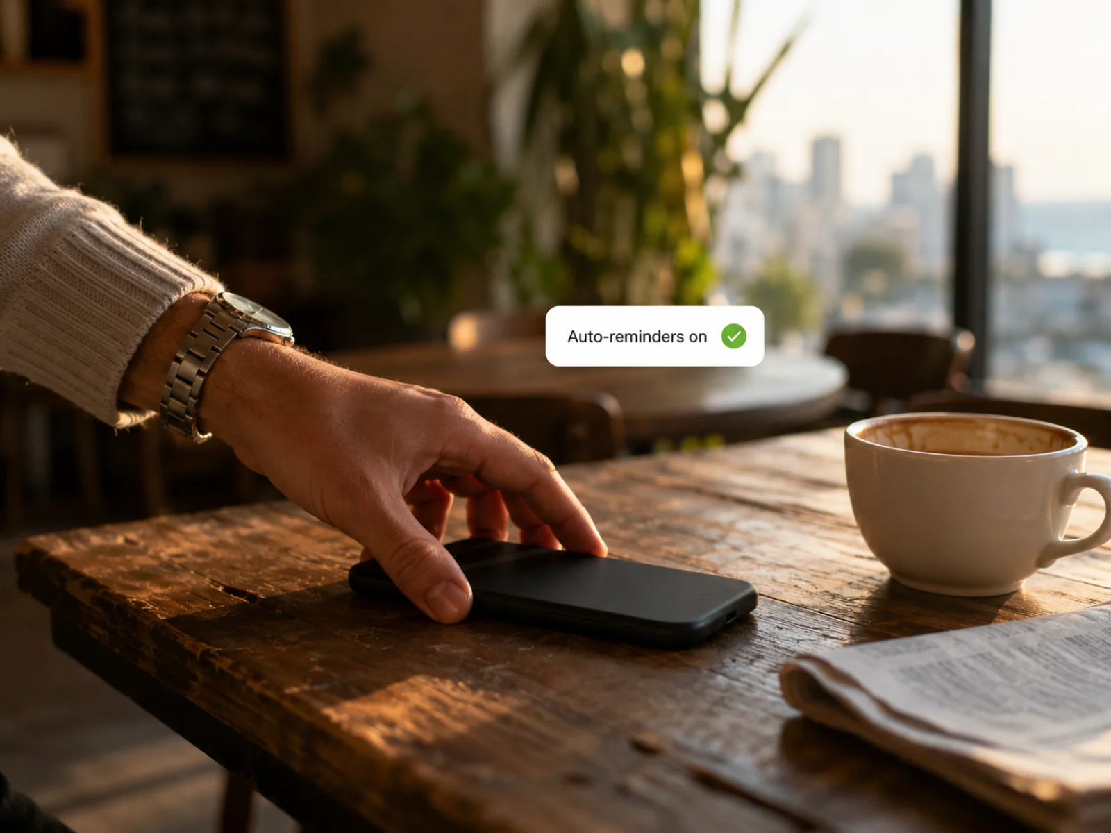 A hand placing a phone face-down on a café table with an auto-reminders-on chip
