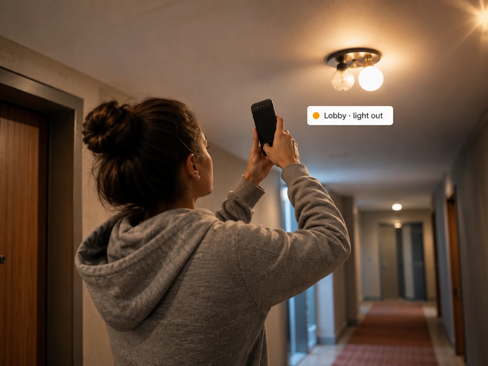 A resident photographing a hallway light fixture with their phone — lobby-light-out chip